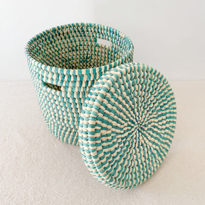 14" Lidded Palm Basket - Turquoise - Amsha