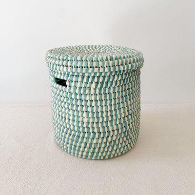 14" Lidded Palm Basket - Turquoise - Amsha