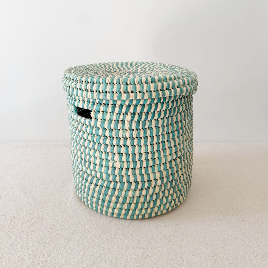 14" Lidded Palm Basket- Turquoise