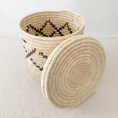 15" Lidded Palm Basket - Brown Diamond - Amsha