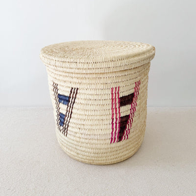 16" Lidded Palm Basket - Pink & Blue - Amsha