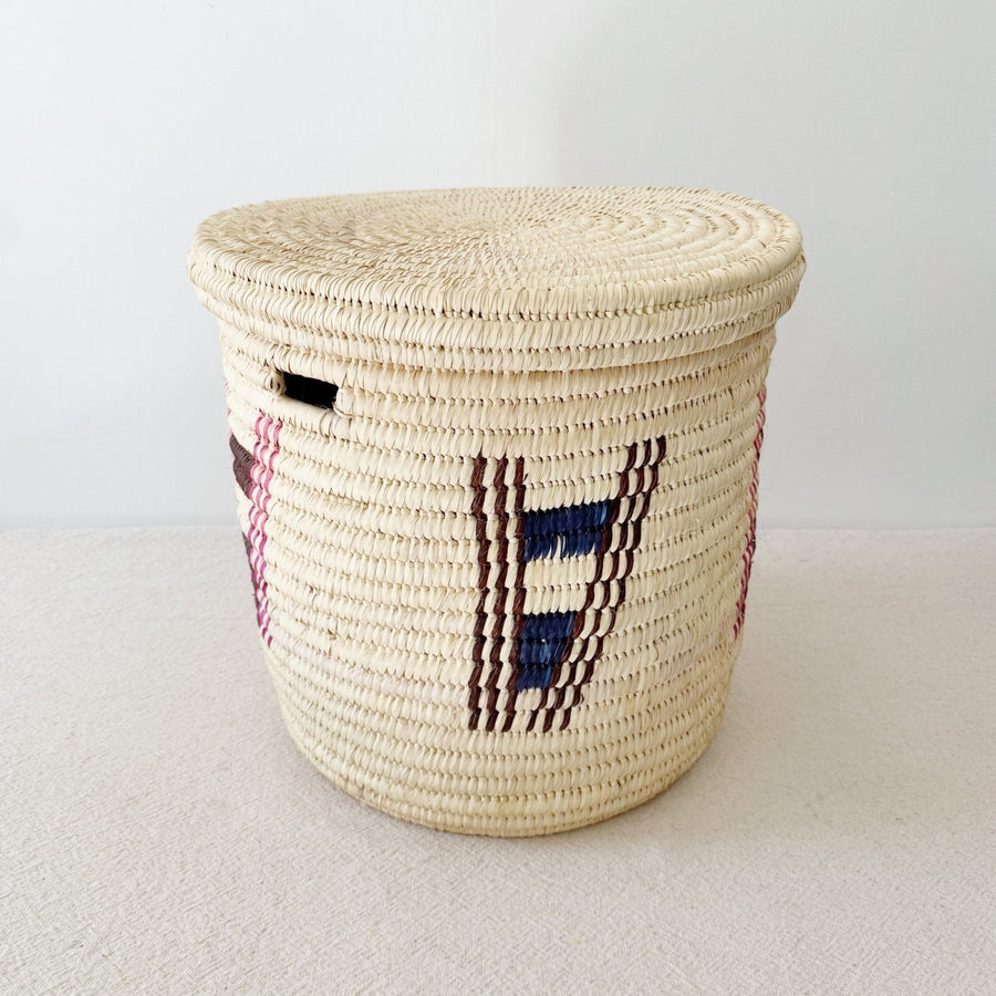 16" Lidded Palm Basket- Pink & Blue