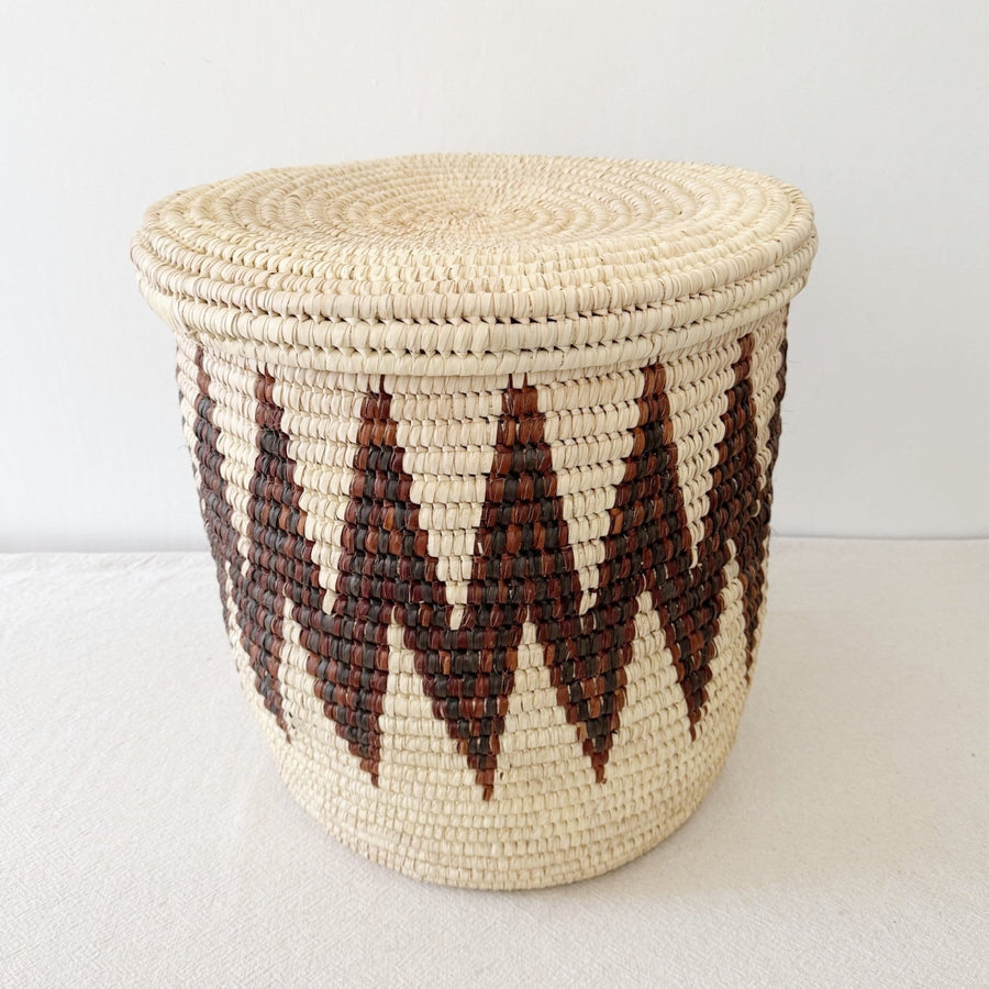 19" Lidded Palm Basket- Brown ZigZag