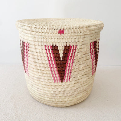 19" Lidded Palm Basket - Pink & Brown - Amsha