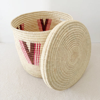 19" Lidded Palm Basket - Pink & Brown - Amsha