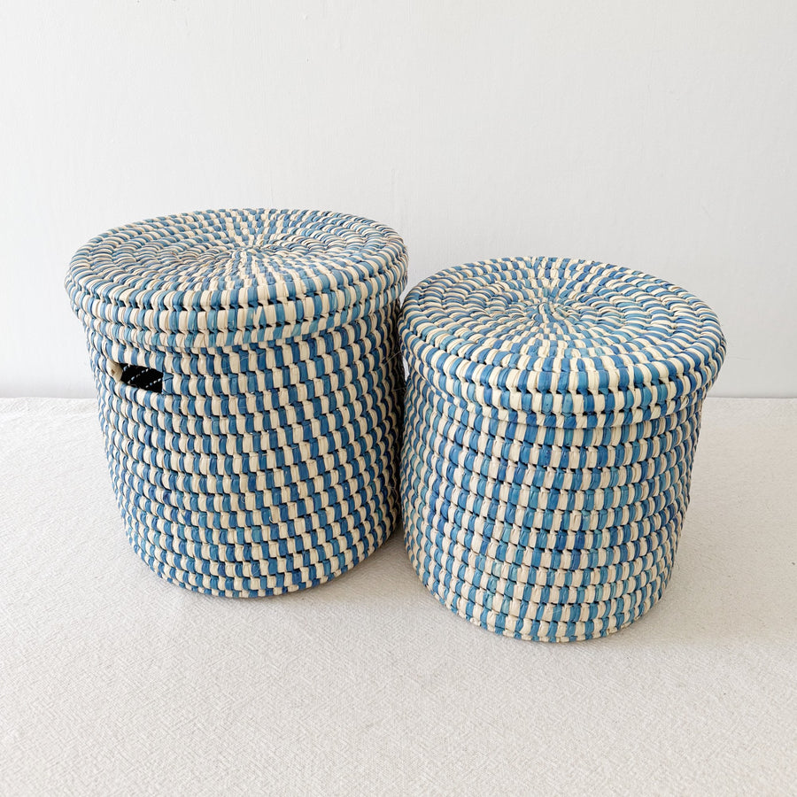 Lidded Palm Basket - Blue Mix - Amsha