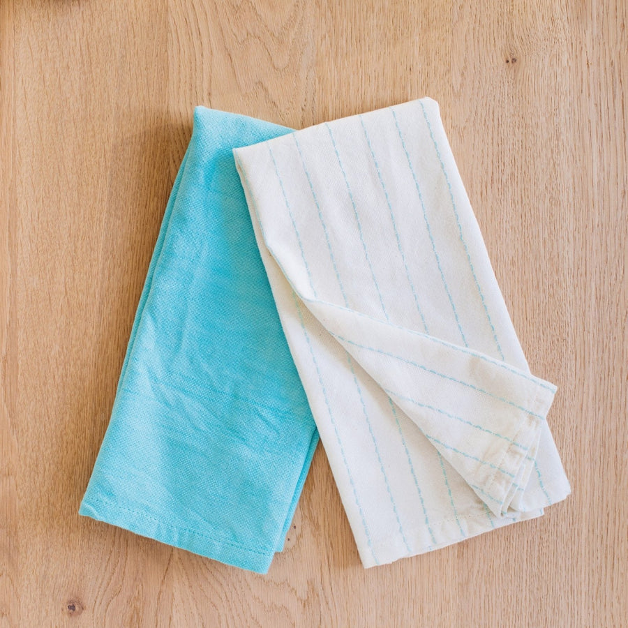 Hand-Loomed Cotton Kitchen Towels, Set of 2: Blue Pinstripe - Amsha